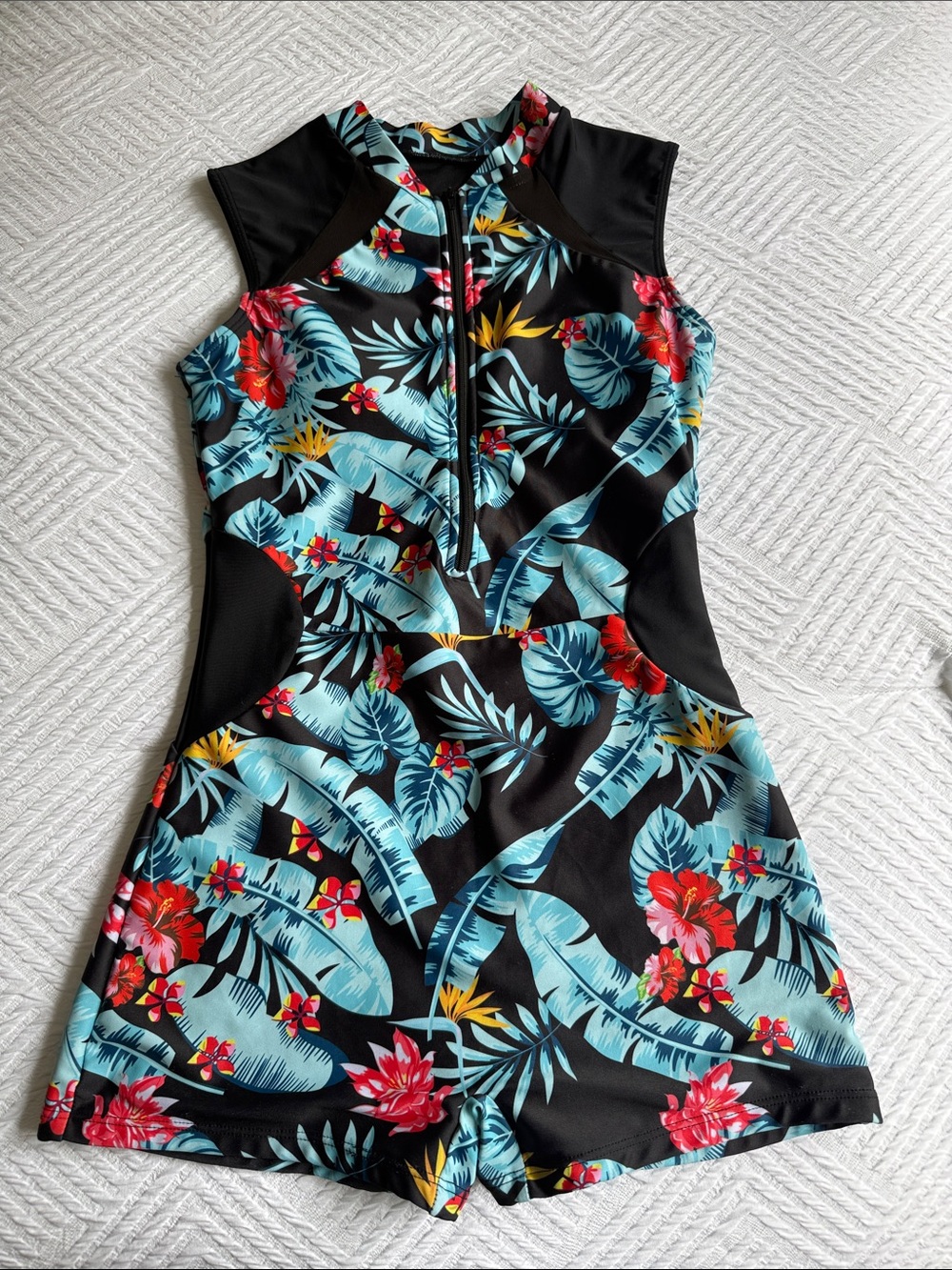 Girls' Tropical Zip-Front Swim Romper in Black, Teal & Red